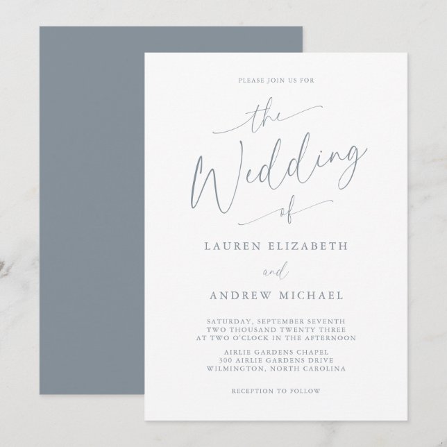 Dusty Blue Grey Elegant Romantic Wedding Invitation (Front/Back)