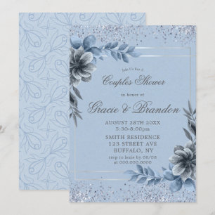 Dusty Blue Grey Floral Couples Shower Invitations