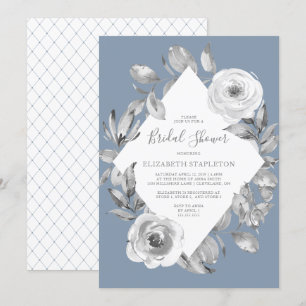 Dusty Blue Grey Floral Diamond Bridal Shower Invitation