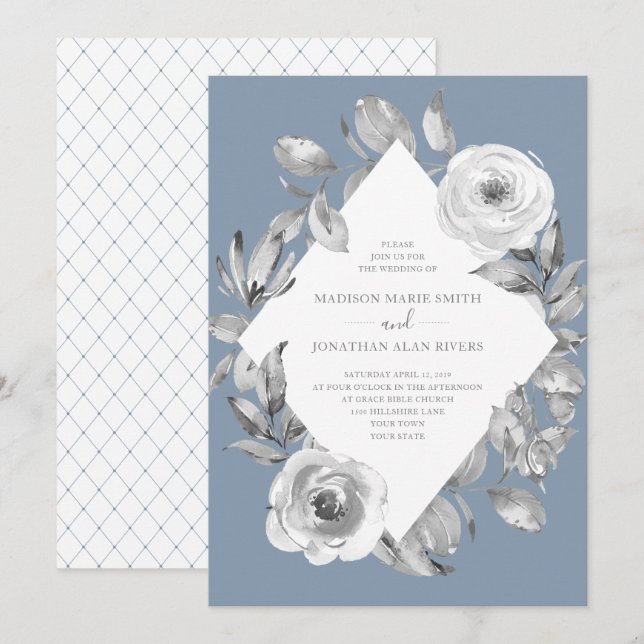 Dusty Blue Grey Floral Diamond Wedding Invitation (Front/Back)