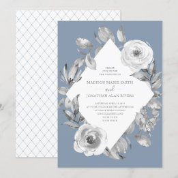 Dusty Blue Grey Floral Diamond Wedding Invitation