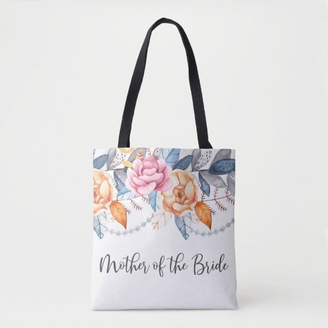 Dusty Blue Grey Floral Wedding Mother of the Bride Tote Bag (Front)