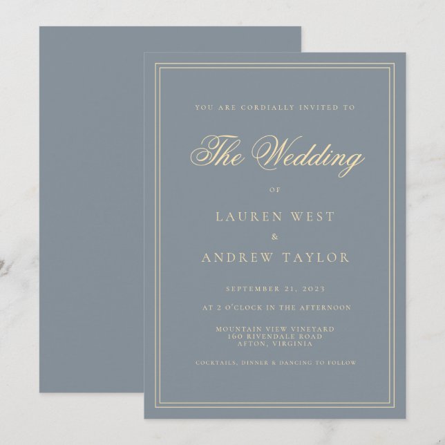 Dusty Blue Grey Gold Modern Minimalist Wedding Invitation (Front/Back)