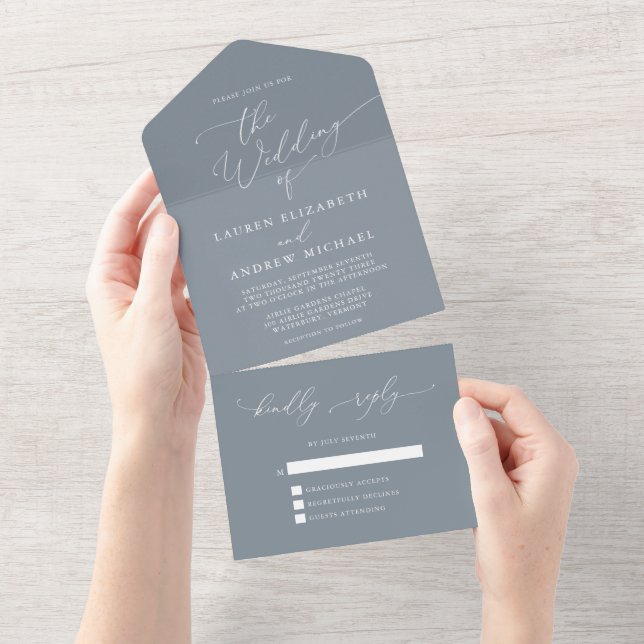 Dusty Blue Grey Minimalist Wedding All In One Invitation (Tearaway)