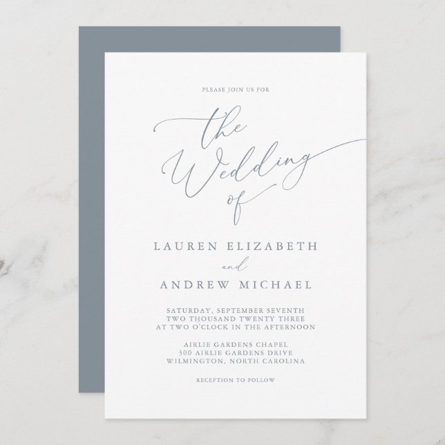 Dusty Blue Grey Minimalist Wedding Invitation (Front/Back)