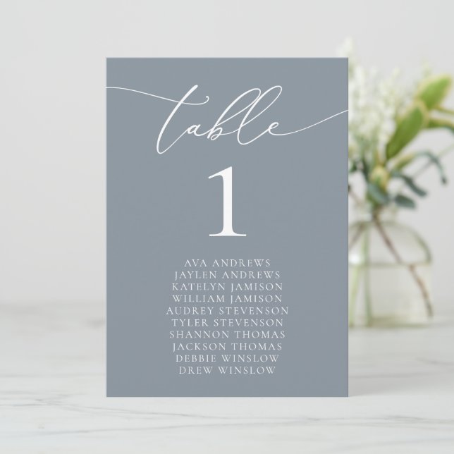 Dusty Blue Grey Minimalist Wedding Seating Table Invitation (Standing Front)