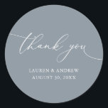 Dusty Blue Grey Minimalist Wedding Thank You Classic Round Sticker<br><div class="desc">Our modern minimalist thank you sticker/seal has "thank you" written in modern calligraphy script and can be fully customised with your name,  dates and background colour. Made to match our Purple Plum Modern Minimalist Wedding Suite.</div>