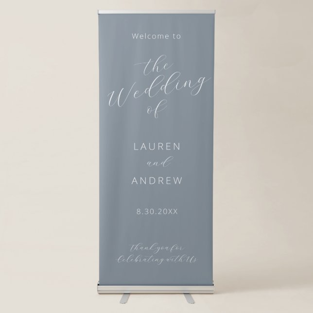 Dusty Blue Grey Modern Calligraphy Script Wedding  Retractable Banner (Front)