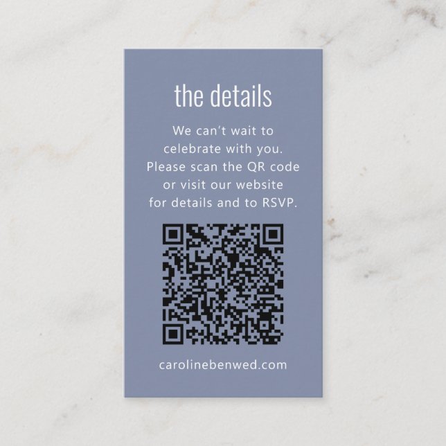 Dusty Blue Grey Modern Minimal Wedding Details QR  Enclosure Card (Front)