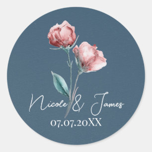 Dusty Blue Grey Modern Watercolor Floral Wedding Classic Round Sticker