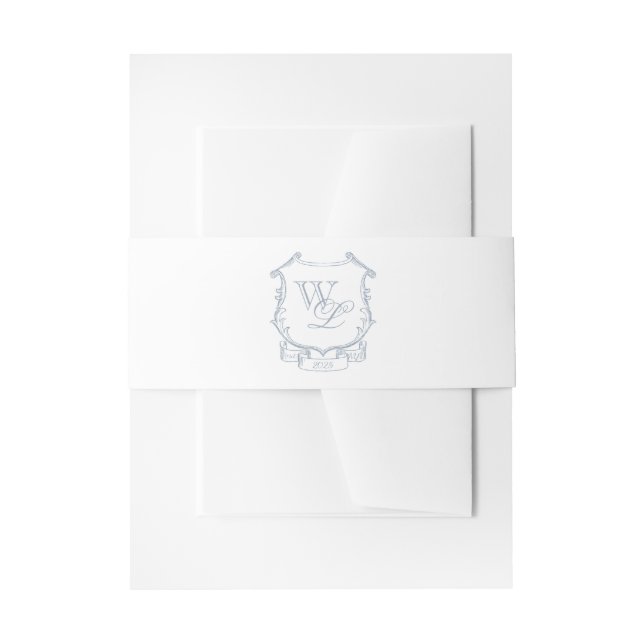 Dusty Blue Grey Monogram Crest Invitation Invitation Belly Band (Front Example)