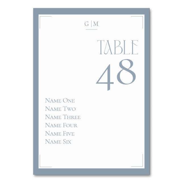 Dusty Blue Grey Monogram Guest Names Modern Table Number (Back)