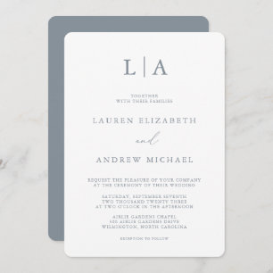 Dusty Blue Grey Monogram Simple Minimalist Wedding Invitation