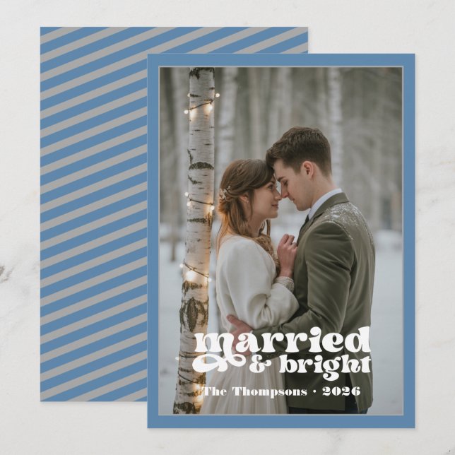 Dusty Blue & Grey Newlyweds Christmas Holiday Card (Front/Back)