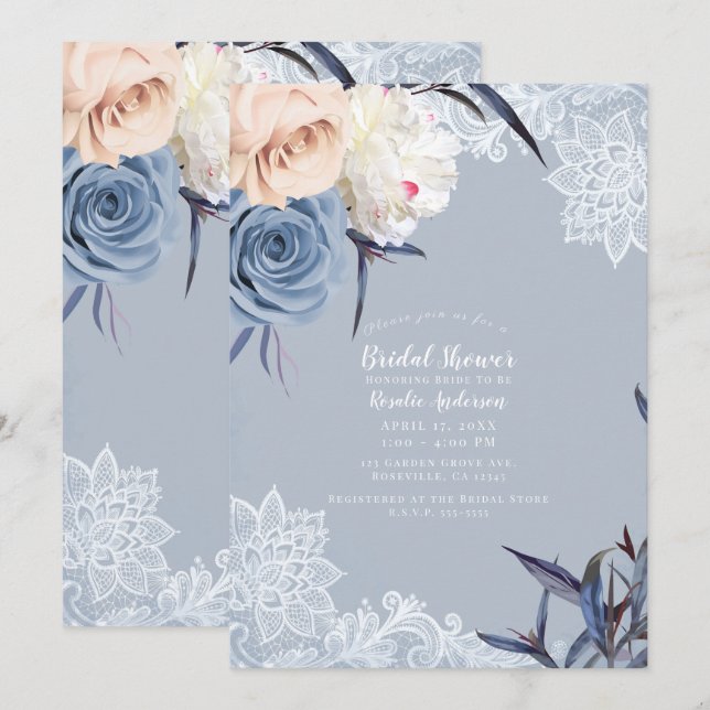 Dusty Blue Grey & Peach Floral Lace Bridal Shower Invitation (Front/Back)