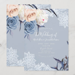 Dusty Blue Grey & Peach Floral Lace Wedding Invitation