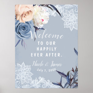Dusty Blue Grey & Peach Floral Lace Wedding Sign