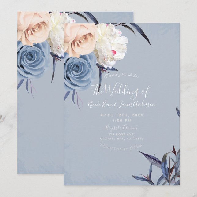 Dusty Blue Grey & Peach Floral Wedding Invitation (Front/Back)