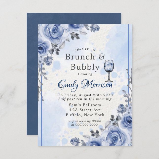 Dusty Blue Grey Peony Brunch & Bubbly Invitation (Front/Back)
