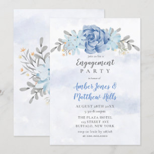 Dusty Blue Grey Peony Engagement Party Invitation