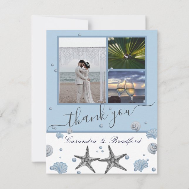 Dusty Blue Grey Starfish Shells 3 photo collage Thank You Card (Front)