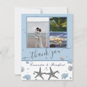 Dusty Blue Grey Starfish Shells 3 photo collage Thank You Card