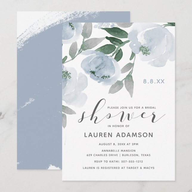 Dusty Blue & Grey Watercolor Bridal Shower Invitation (Front/Back)