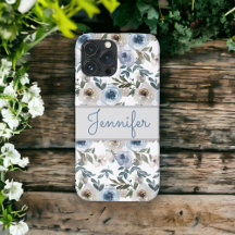 Dusty Blue Grey Watercolor Floral Custom Name