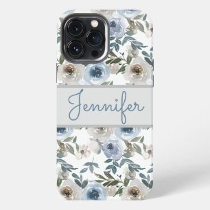 Dusty Blue Grey Watercolor Floral Custom Name iPhone 13 Pro Max Case