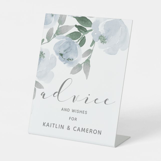 Dusty Blue & Grey Wedding Watercolor Bridal Advice Pedestal Sign (Front)