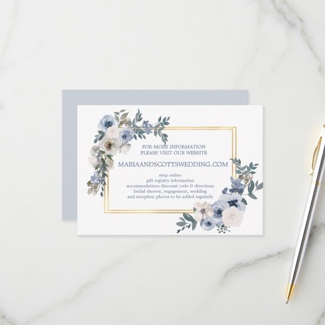 Dusty Blue Grey White Floral Wedding Website Info RSVP Card (Front/Back In Situ)