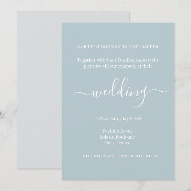 Dusty Blue Grey White Minimalist Elegant Wedding Invitation (Front/Back)