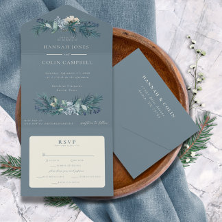Dusty Blue Grey Winter Floral Wedding All In One Invitation