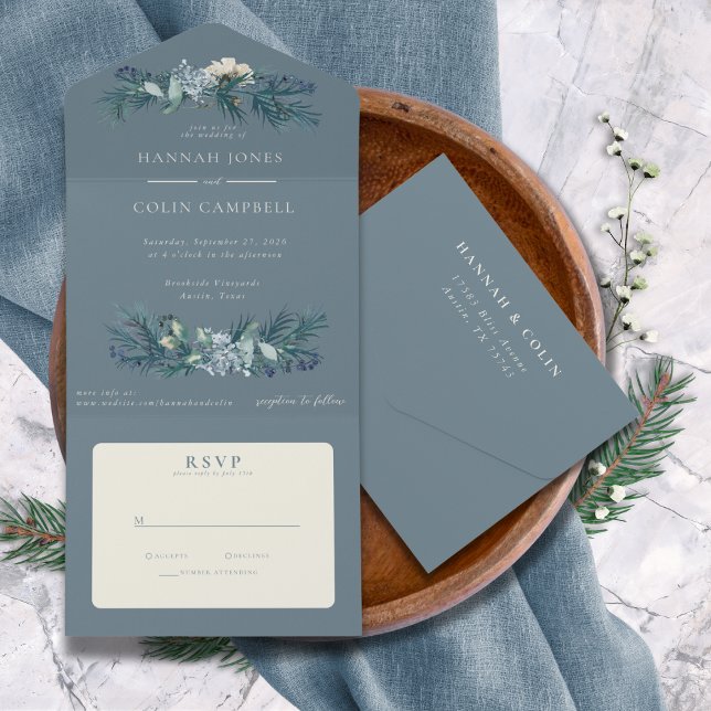 Dusty Blue Grey Winter Floral Wedding All In One Invitation (Creator Uploaded)