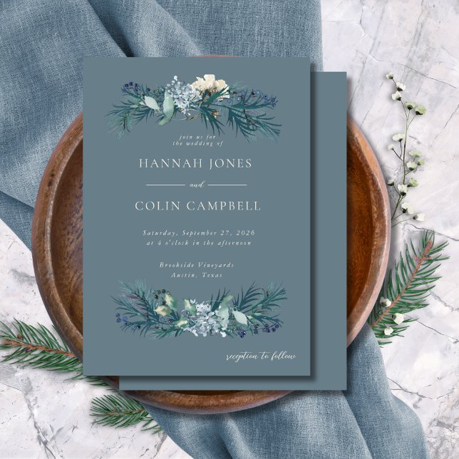 Dusty Blue Grey Winter Floral Wedding Invitation (Creator Uploaded)