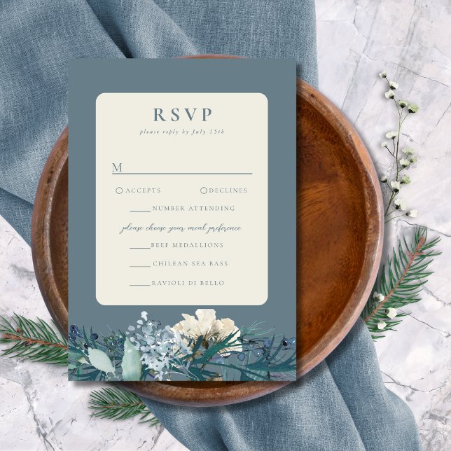 Dusty Blue Grey Winter Floral Wedding RSVP Card (Creator Uploaded)