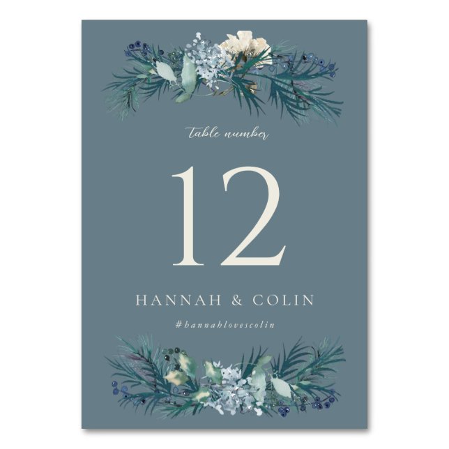 Dusty Blue Grey Winter Floral Wedding Table Number (Front)