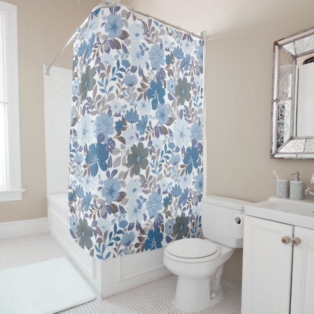 Dusty Blue & Grey Winter Sky Floral Garden Shower Curtain (In Situ)