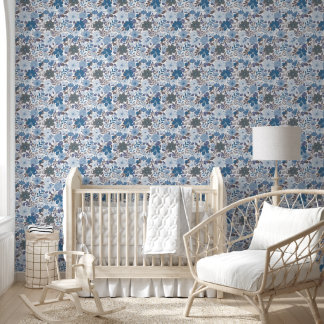 Dusty Blue & Grey Winter Sky Floral Garden Wallpaper
