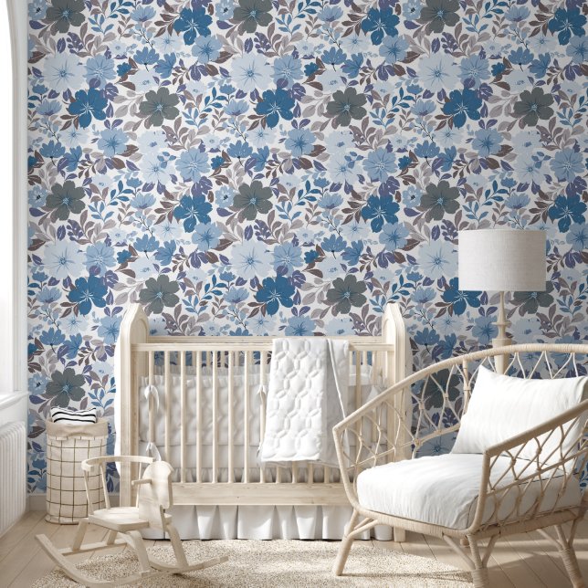 Dusty Blue & Grey Winter Sky Floral Garden Wallpaper (Kids)