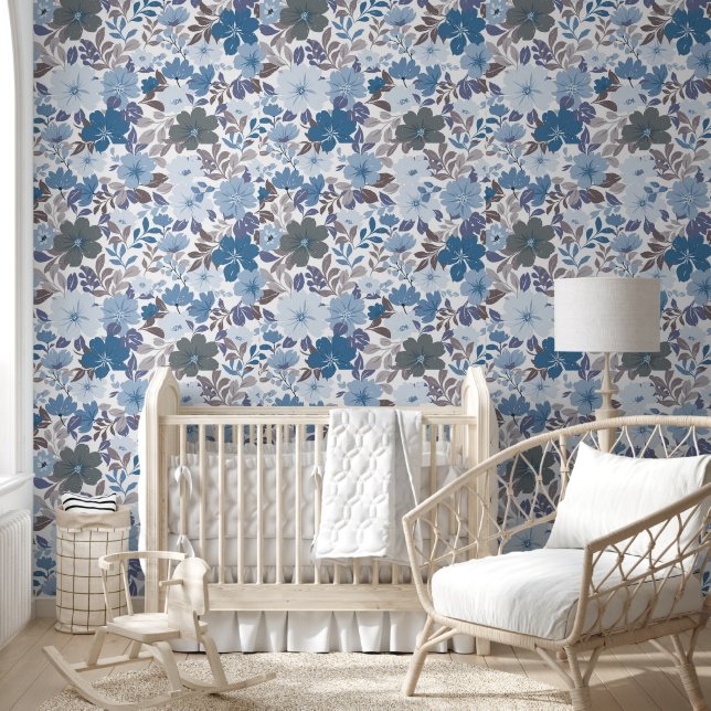 Dusty Blue & Grey Winter Sky Floral Garden Wallpaper (Kids)