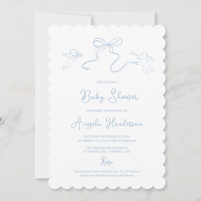 Dusty Blue Hand drawn Baby Shower Invitation (Front)