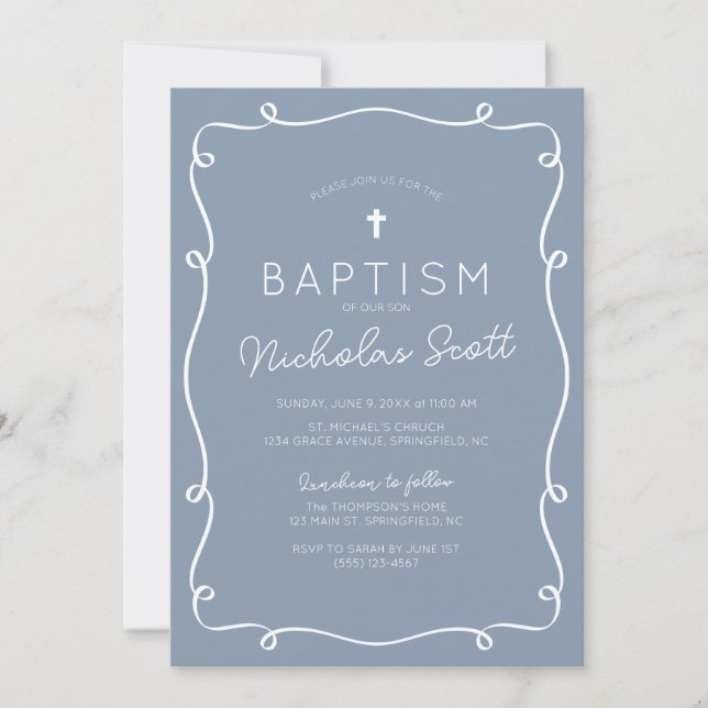 Dusty Blue Hand Drawn Baptism Invitation (Front)