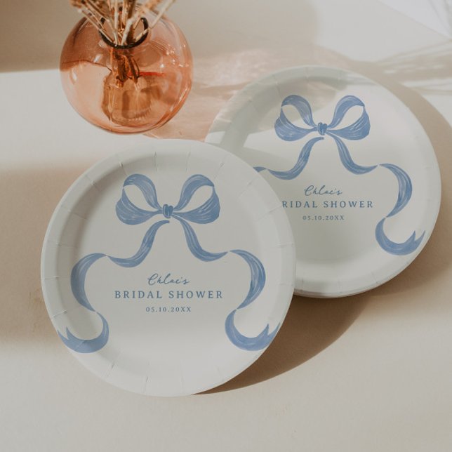 Dusty Blue Hand Drawn Bow Bridal Shower Paper Plate (Creator Uploaded)