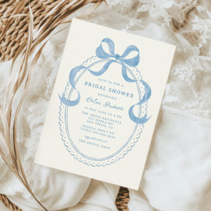 Dusty Blue Hand Drawn Bow Frame Bridal Shower Invitation