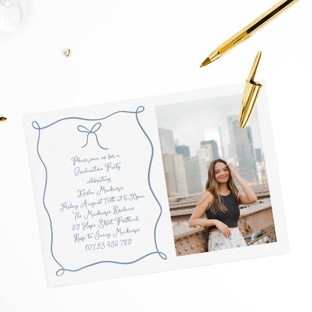 Dusty Blue Hand Drawn Bow Photo Graduation Party Invitation (Creator Uploaded)