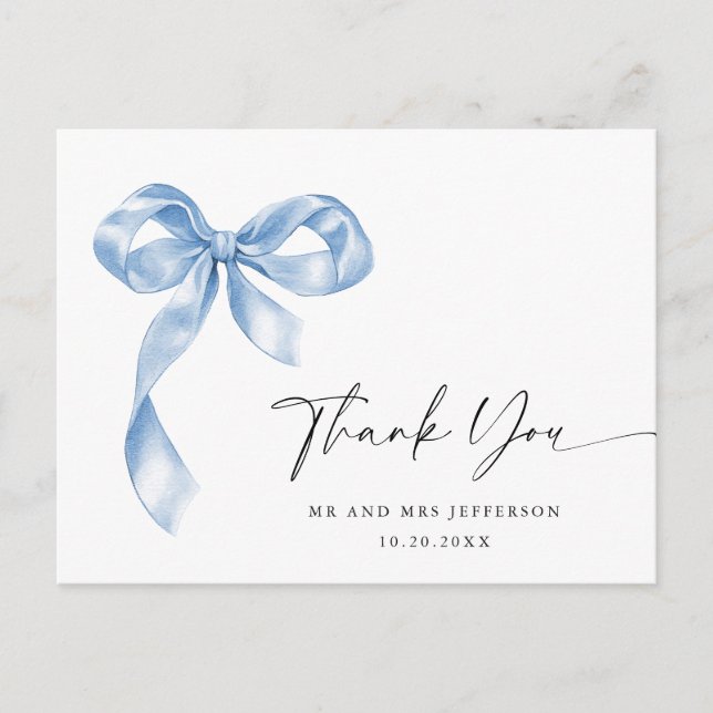 Dusty Blue Hand Drawn Bow Wedding Thank You Postcard (Front)