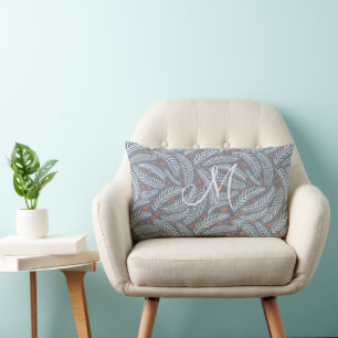 Dusty Blue Hand-drawn Christmas Pine Tree Monogram Lumbar Cushion