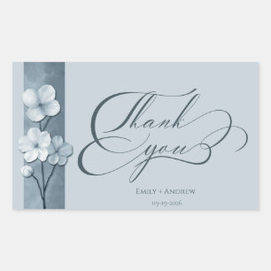 Dusty Blue Hand Drawn Floral Thank You Wedding Rectangular Sticker