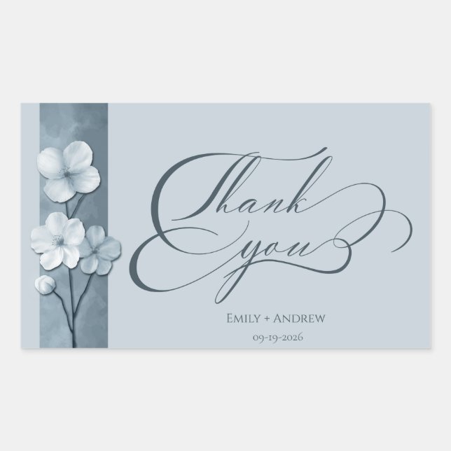 Dusty Blue Hand Drawn Floral Thank You Wedding Rectangular Sticker (Front)